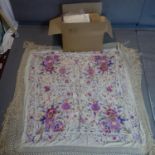 A large collection of vintage lace to include an embroidered silk table cloth