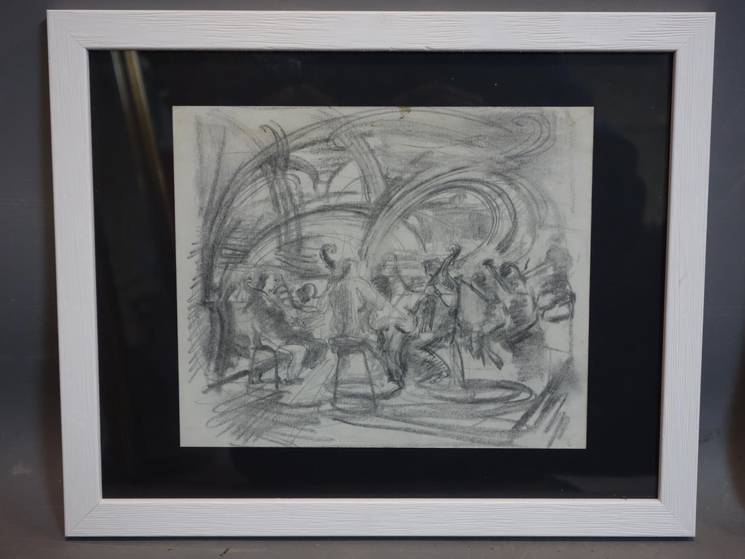 An expressionist pencil drawing of an orchestra, unknown artist, c.1940's, framed and glazed, 18 x - Image 2 of 2