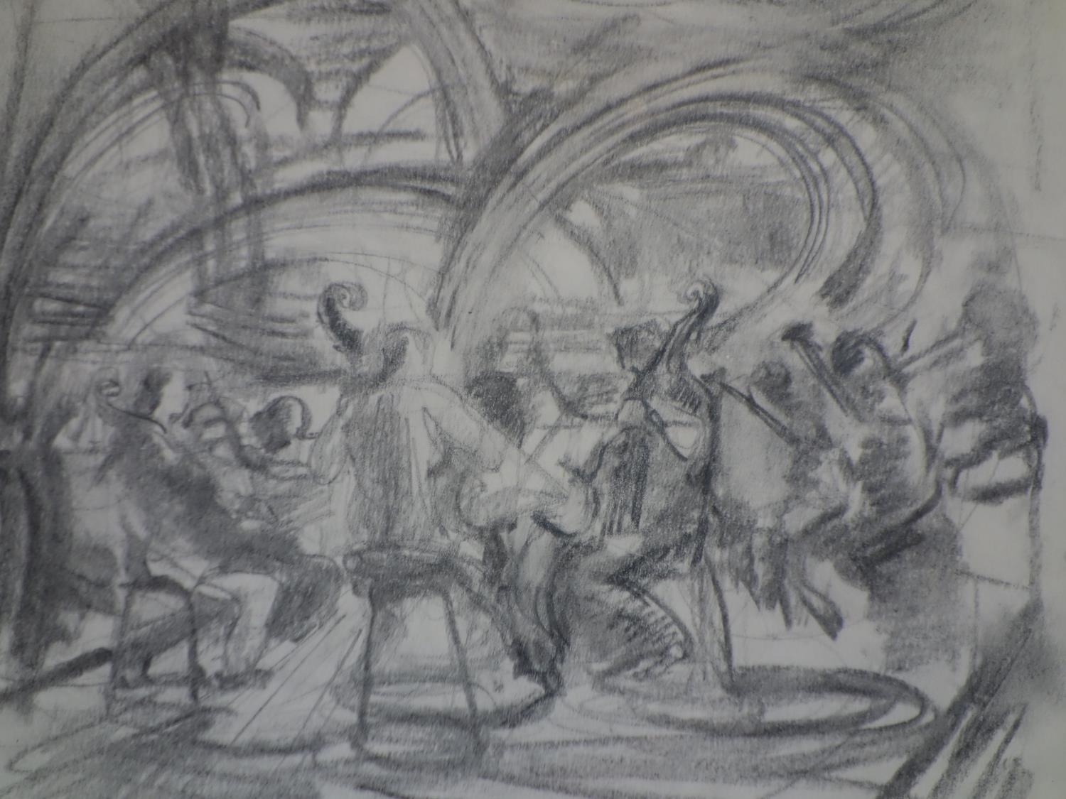 An expressionist pencil drawing of an orchestra, unknown artist, c.1940's, framed and glazed, 18 x