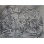 An expressionist pencil drawing of an orchestra, unknown artist, c.1940's, framed and glazed, 18 x