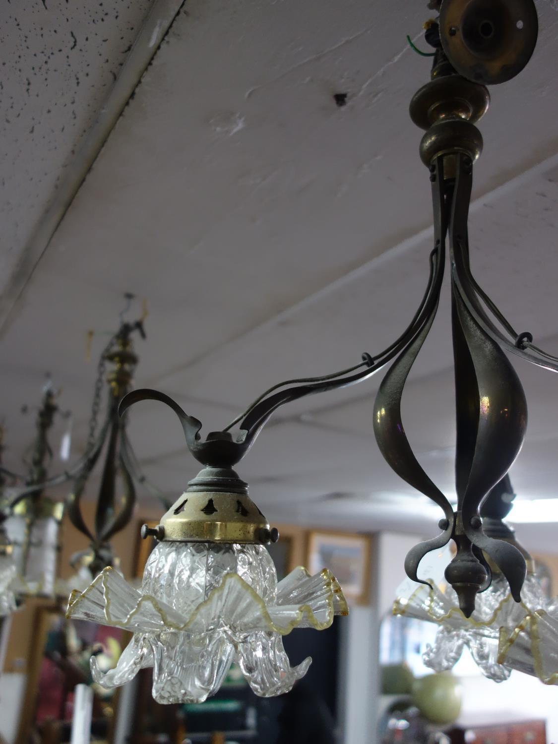 A pair of Art Nouveau brass ceiling lights with floral glass shades - Image 3 of 3