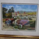 Stanley Davies, a gilt-framed and glazed oil on board of a naive country scene with horses to