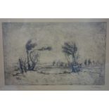 An engraving of trees in a field, indistinctly signed and titled in pencil to lower margin, in