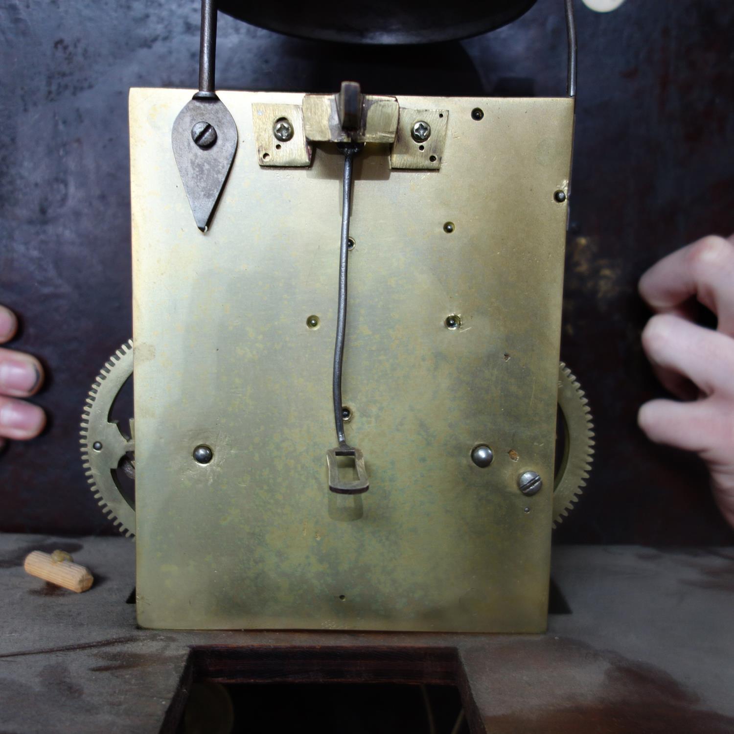 A late 18th century oak longcase clock, twin train movement, striking bell, 13" square painted - Image 4 of 5