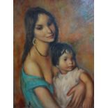 A 20th century oil on canvas, mother and child, indistinctly signed, 64 x 52cm