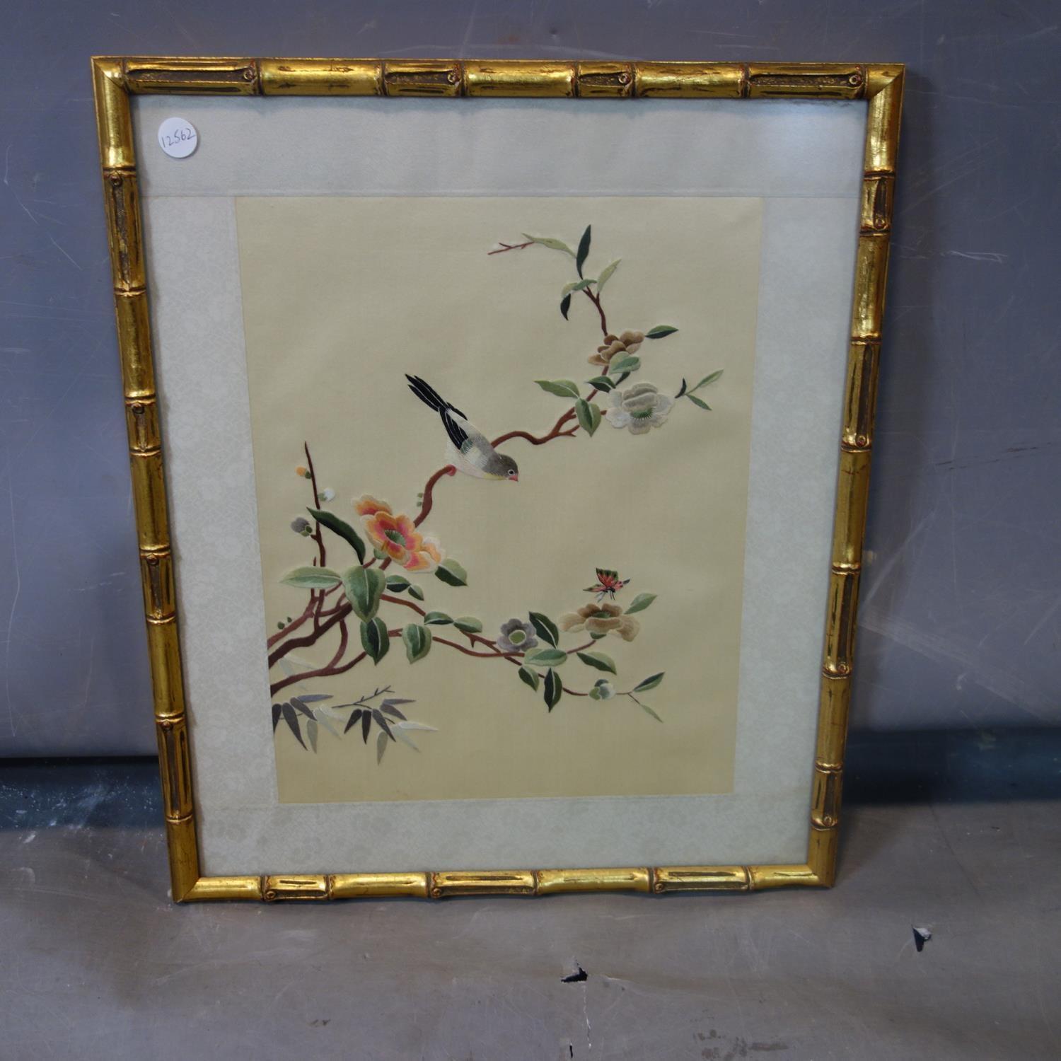 A Chinese embroidery on silk of a bird on a blossoming branch, in gilt painted bamboo design - Image 2 of 2
