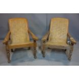 A pair of 20th century teak armchairs, with caned seat and backrests, on turned legs, H.93 W.78cm,