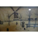 Late 19th century school, Figure with umbrella in winter scene with windmill to background, pencil