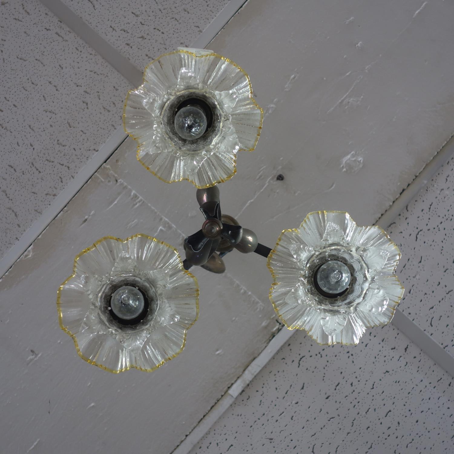 A pair of Art Nouveau brass ceiling lights with floral glass shades - Image 2 of 3