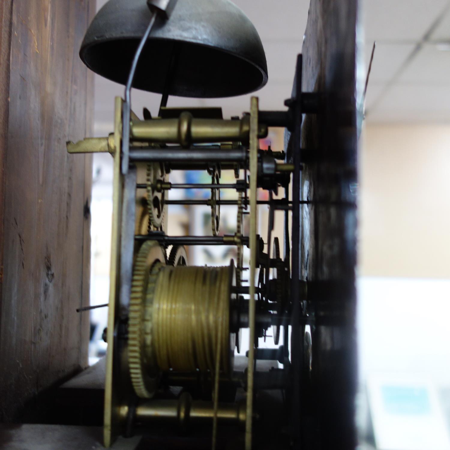 A late 18th century oak longcase clock, twin train movement, striking bell, 13" square painted - Image 3 of 5