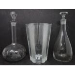 A part frosted crystal vase together with 2 glass decanters