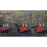 Contemporary British artist, The military parade, signed, 45 x 90 cm