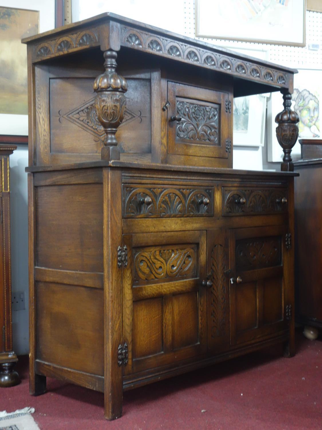 An early 20th century Jacobean style oak court cupboard, H.134 W.122 D.48cm - Image 2 of 3