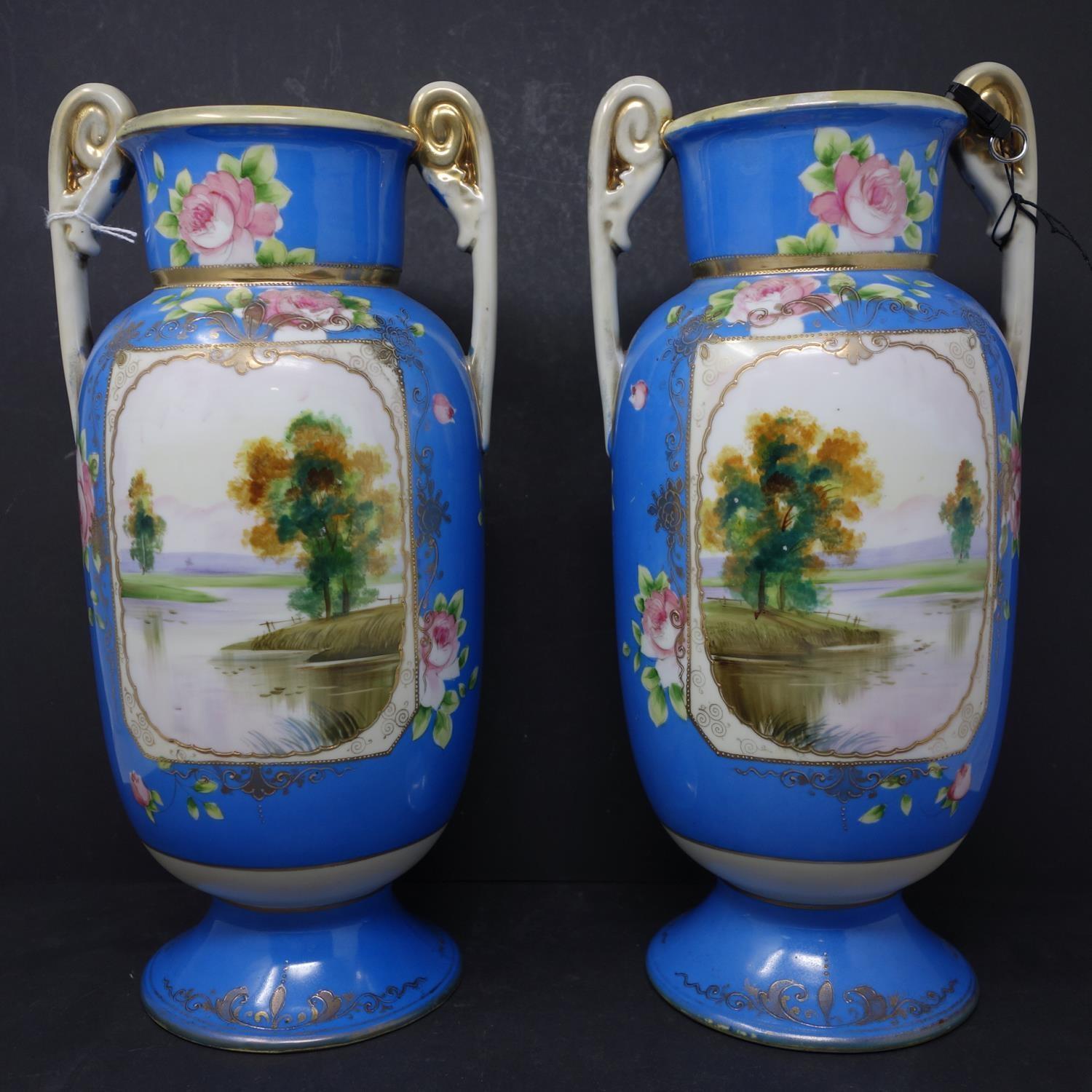 A pair of Japanese Noritake hand painted porcelain vases, H.33cm - Image 2 of 3