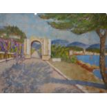 An oil on panel of a Continental landscape with a marble arch by a lake, signed Danjou to lower