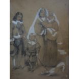 A 19th/20th century pencil sketch of a family, indistinctly signed, 24 x 18cm