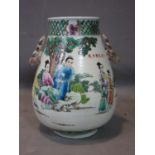 A late 19th/early 20th century Chinese deer vase, decorated with figures in a courtyard scene and