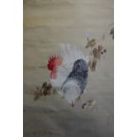 A 19th century Chinese watercolour on silk scroll depicting a cockerel, chicken, bird and insect,