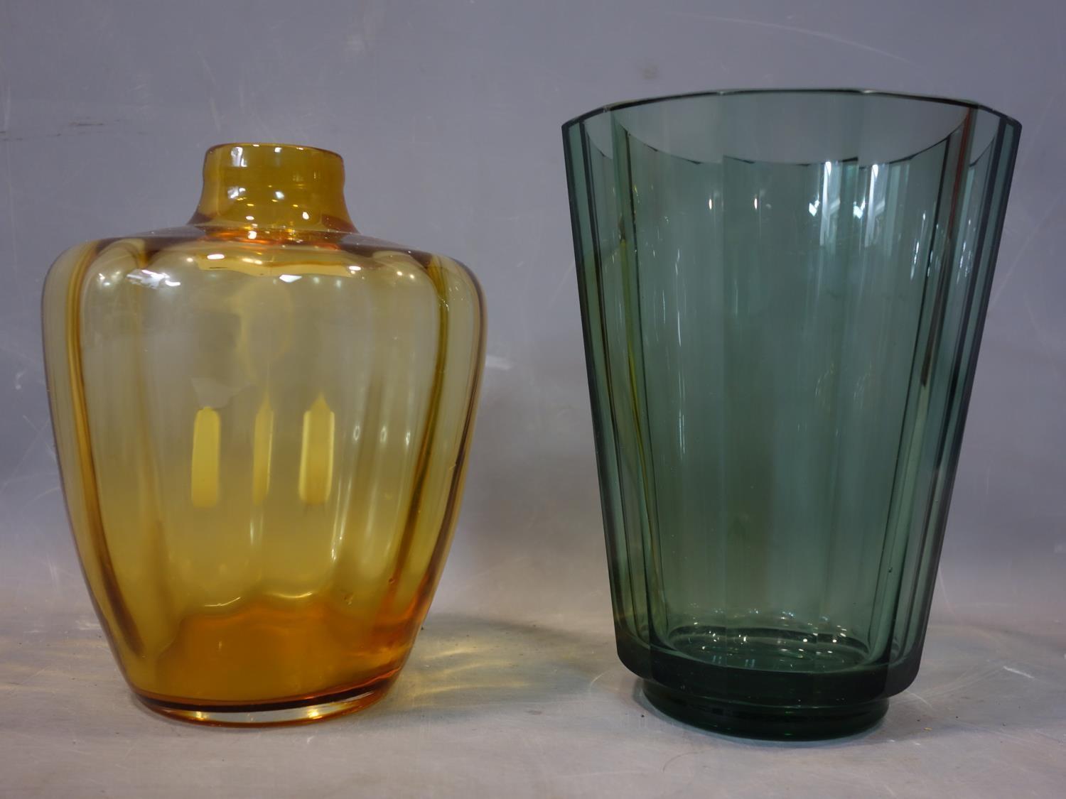 A 20th century amber glass vase together with a 20th century green glass vase, tallest H.23cm