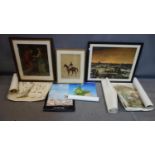 WITHDRAWN- A coloured print of a jockey on a horse, 37 x 27cm, together with a print of a Scotsman