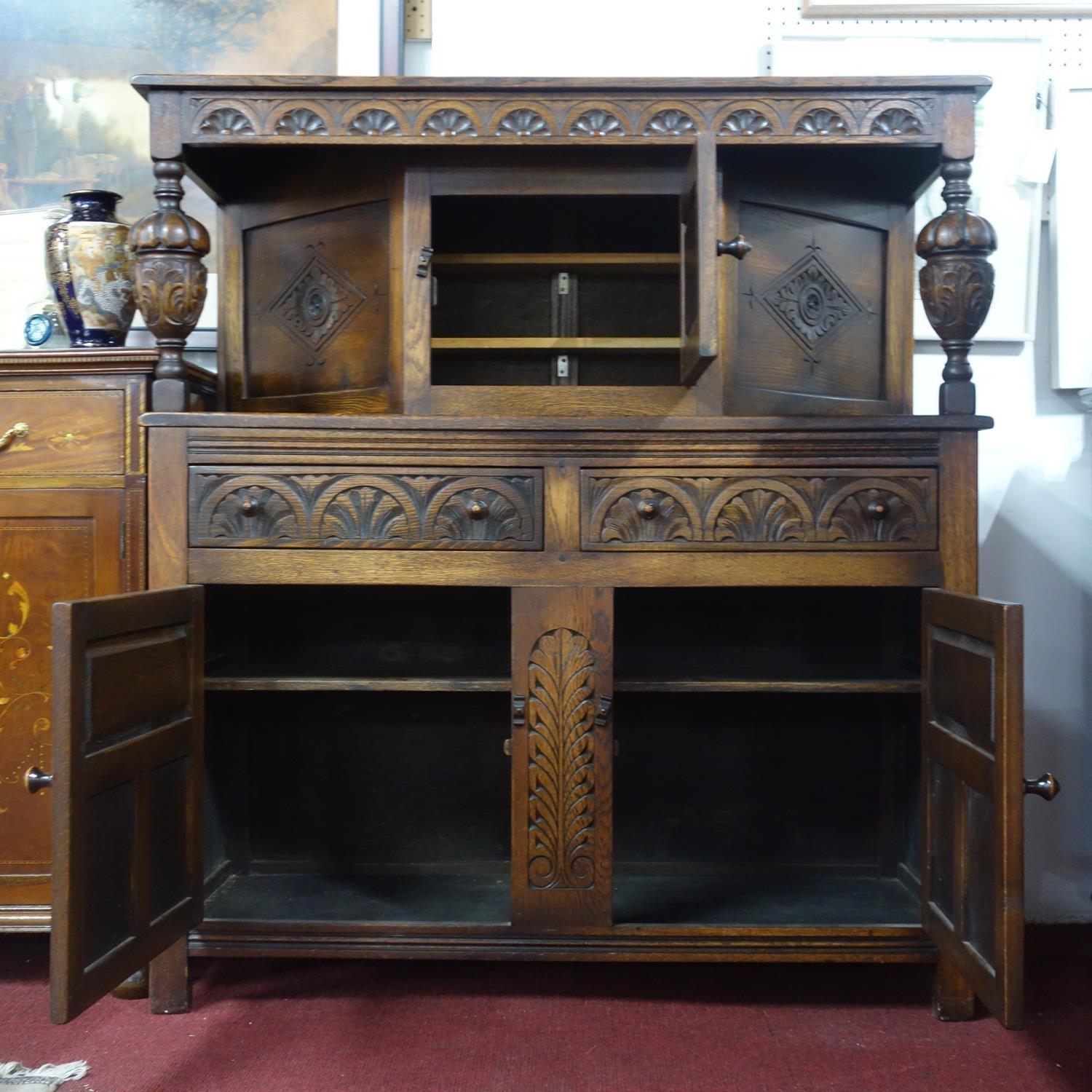 An early 20th century Jacobean style oak court cupboard, H.134 W.122 D.48cm - Image 3 of 3
