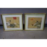 Two Chinese paintings on silk of butterflies and flowers, bearing Chinese characters and red seal