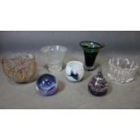 A collection of seven pieces of glassware, to include a Holmegaard glass cup, H.8cm; two glass