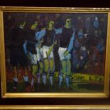An oil on board of vintage footballers forming a wall, framed, 59 x 74cm