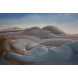 A 20th century oil on canvas depicting a blue female nude laying beside hills, signed 'Palmeira' and