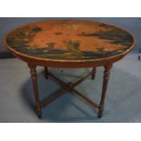 A late 19th/early 20th century English Chinoiserie red lacquered oval table, raised on reeded