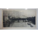 A 19th century etching/engraving of a bridge over a river by Edwin Edwards, 30 x 52cm