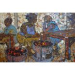 An oil on canvas of African women sitting by steel drum fires, indistinctly signed lower right, 51 x
