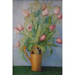 A still life of pink tulips in a jug, watercolour, in gilt frame, 53 x 36cm