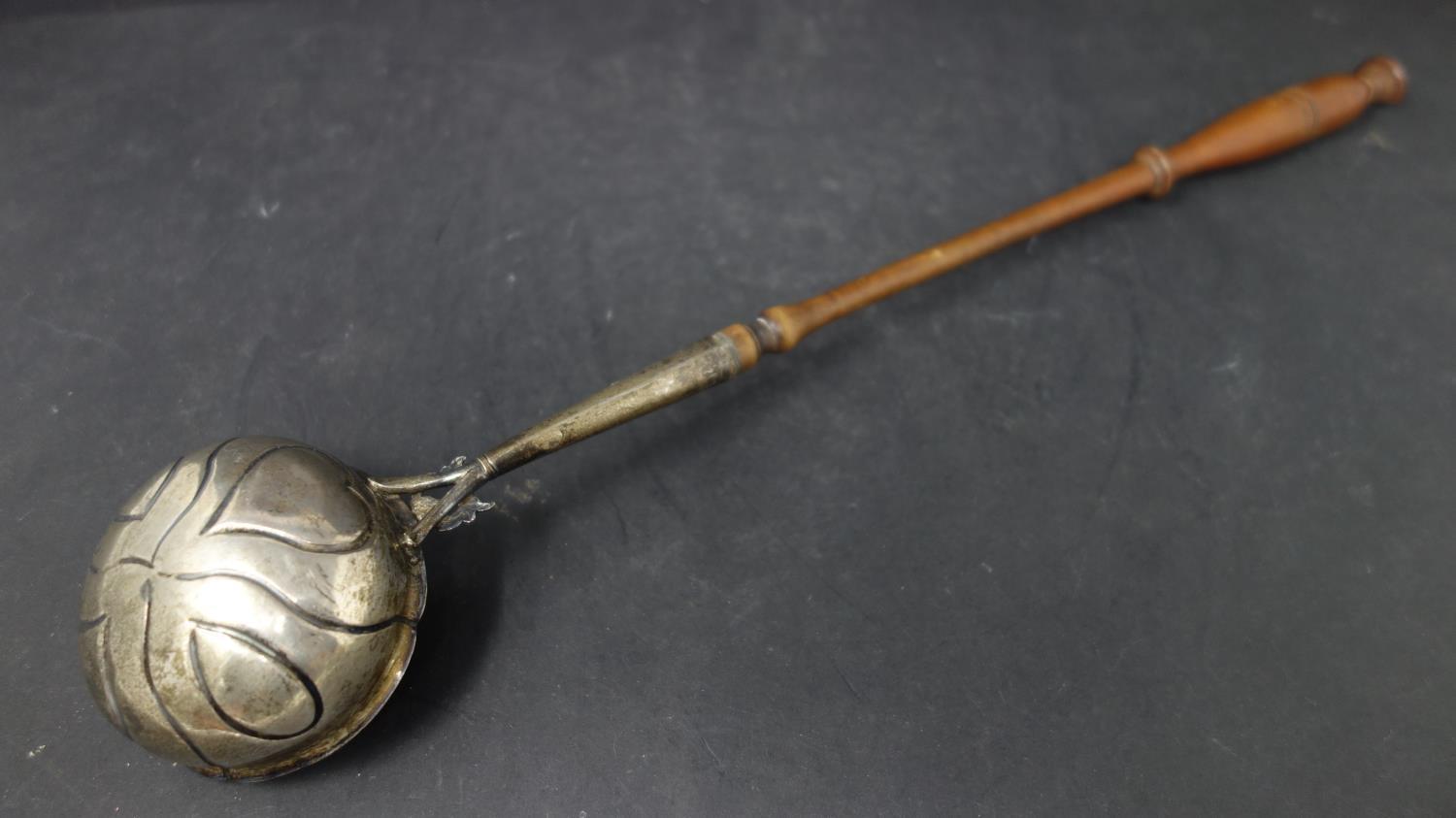 A Danish silver ladle, hallmarked, on turned wooden handle, H.40cm, together with a pierced silver - Image 2 of 5