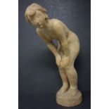 A pottery figure of a nude lady, marked 9348 in pencil to base, having repaired breaks to ankles,