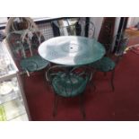 A green painted wrought iron garden table and 4 chairs