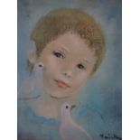 An oil on canvas of a child with two doves, indistinctly signed lower right, 26 x 21cm