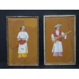 Two 19th century painted miniatures of musicians, gouache and pencil, framed and glazed, 9 x 3cm and