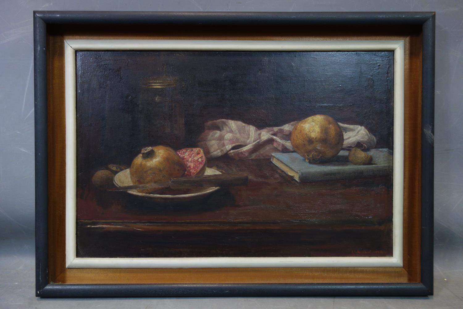 George Weissbort (1928-2013), Still life of pomegranates, passion fruit, a book, a jar and a table - Image 2 of 3