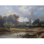 An early 20th century small oil on canvas depicting figures by a pond with church in distance, set