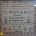 An early 19th century needlework sampler by Ellen Gawler, aged 10 and dated 1825, in mahogany frame,