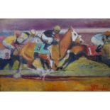 20th century school, Horse racing, oil on canvas, indistinctly signed lower right, 44 x 64cm