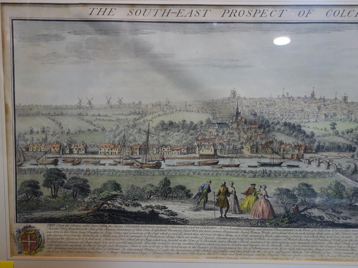 An 18th century coloured engraving titled 'the south east prospect of Colchester in the county of - Image 2 of 3