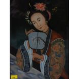 A 19th century Chinese reverse glass painting of a noblewoman holding a fan with plum tree