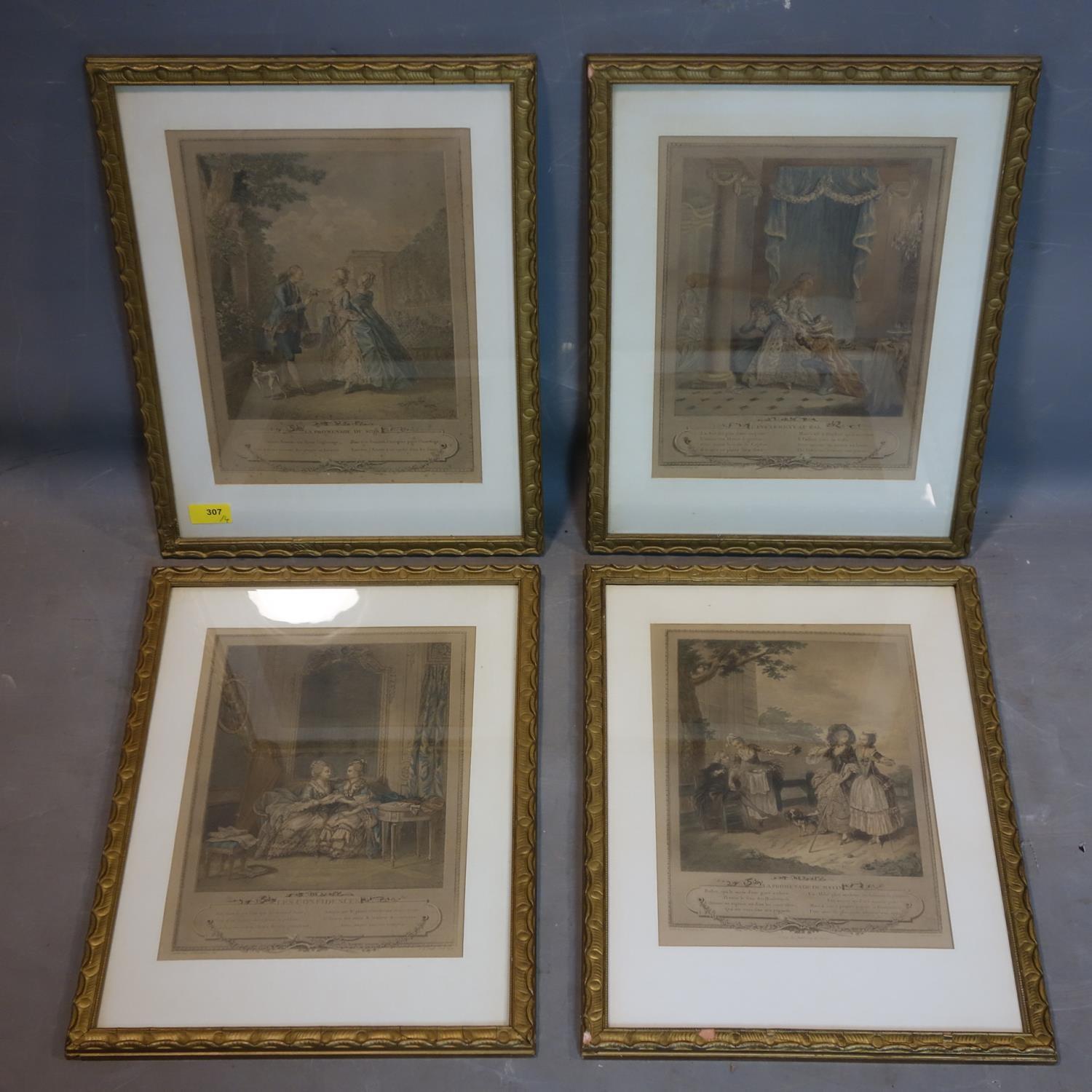 A set of four 18th century French prints in gilt frames, 36 x 26cm