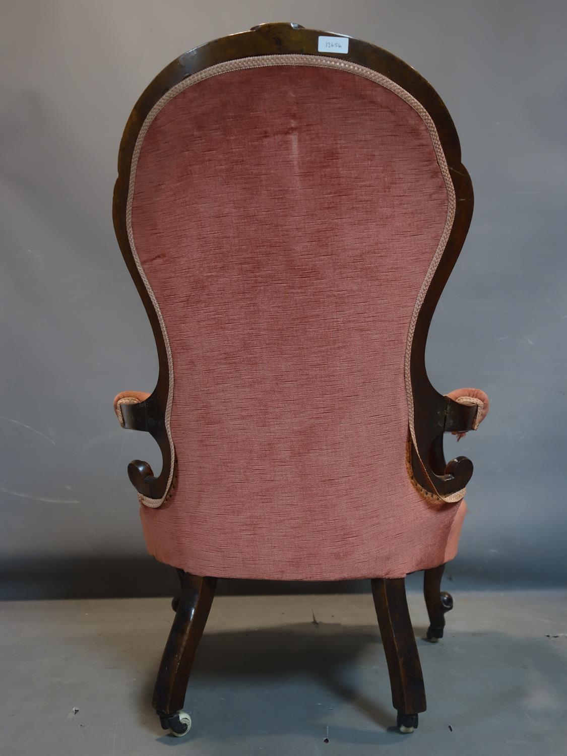 A Victorian mahogany spoon back armchair, with pink velour upholstery, raised on cabriole legs and - Image 3 of 3