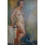 An early 20th century oil on canvas, study of a standing nude, signed, damaged, 75 x 49cm