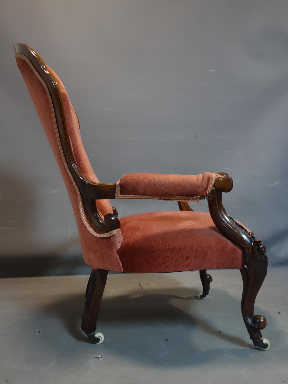 A Victorian mahogany spoon back armchair, with pink velour upholstery, raised on cabriole legs and - Image 2 of 3