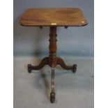 A 19th century mahogany square tilt top table, raised on 3 splayed legs, H.76 W.55 D.49cm