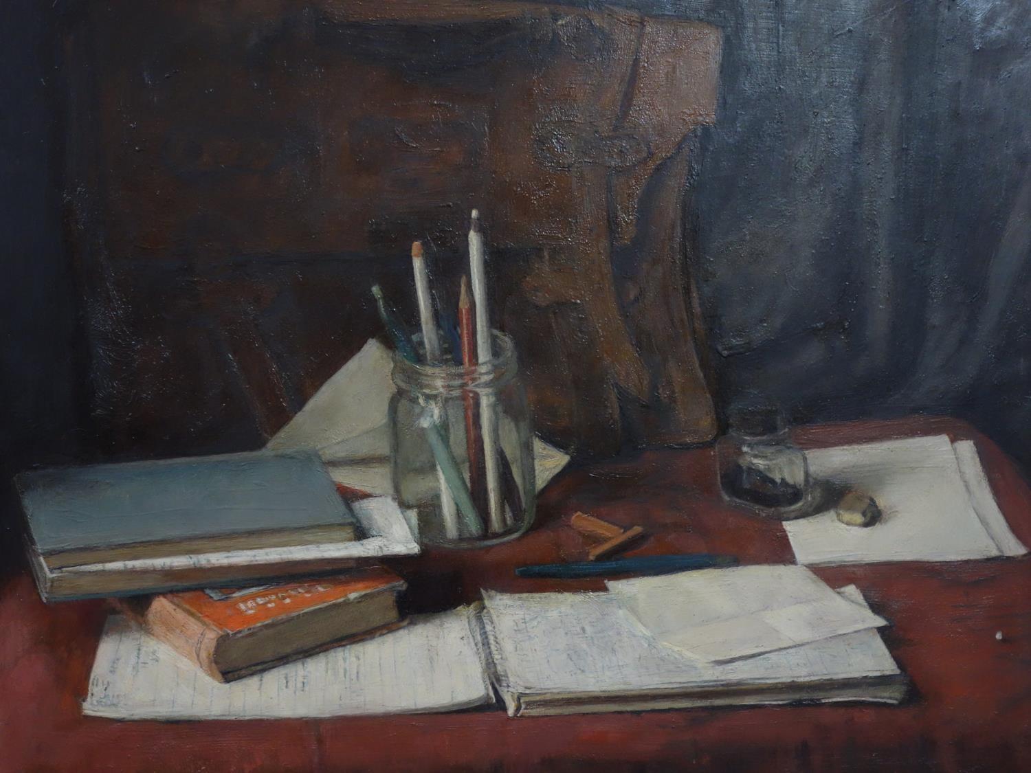 George Weissbort (1928-2013), Still life of pens and pencils in a jar, a leather satchel, ink and